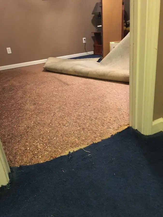 Carpet pad removal revealing water damage during Water Mitigation Services in Prairie Village