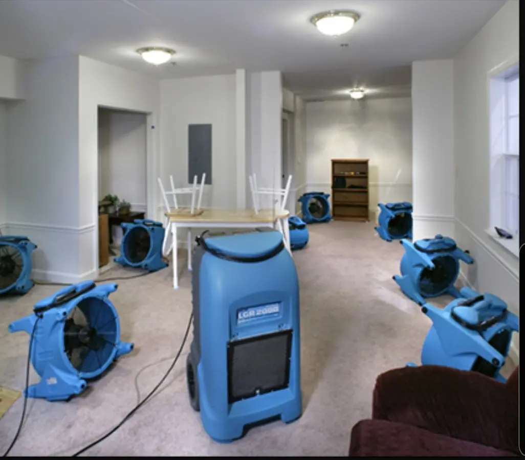 Air movers and dehumidifier setup for Water Damage Restoration in Prairie Village